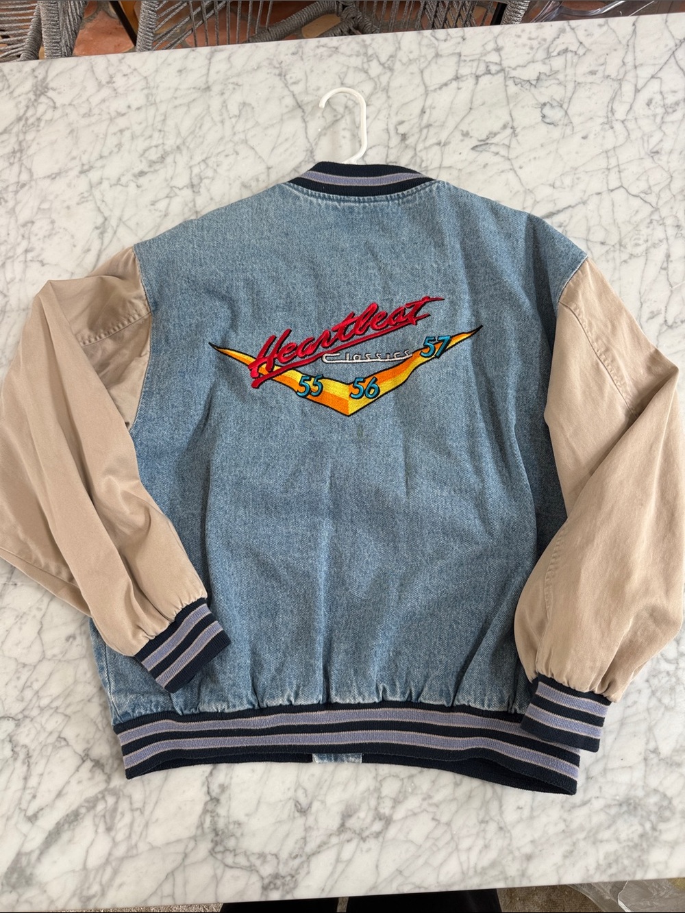 VINTAGE Heartbeat Classic Tri-Five Chevy Bomber Jacket Mens Large Denim Tan Car